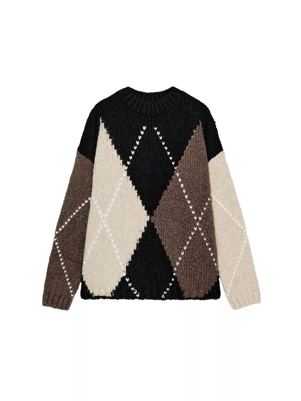 Zara Oversized Seater Argyle Pattern Chunky Knit Sweater Black, Brown & Cream